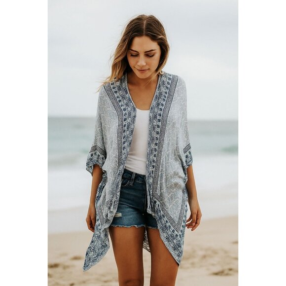 Bohemian Open Kimono Wrap One Size Blue White Handkerchief Festival Syle - Picture 1 of 8